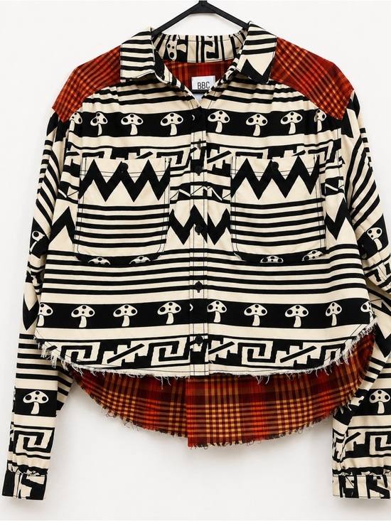 BDG Tops - BDG mushroom Striped Graphic Button-Up Shirt natural boho prairie boxy geometric